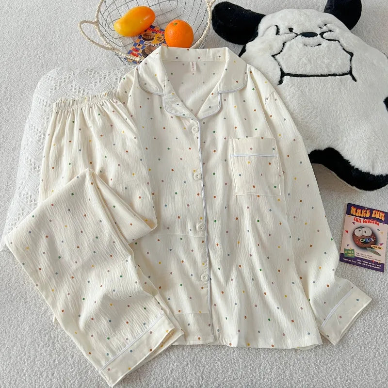 Polka Dot Print Women Pajamas Long 2 Piece Set