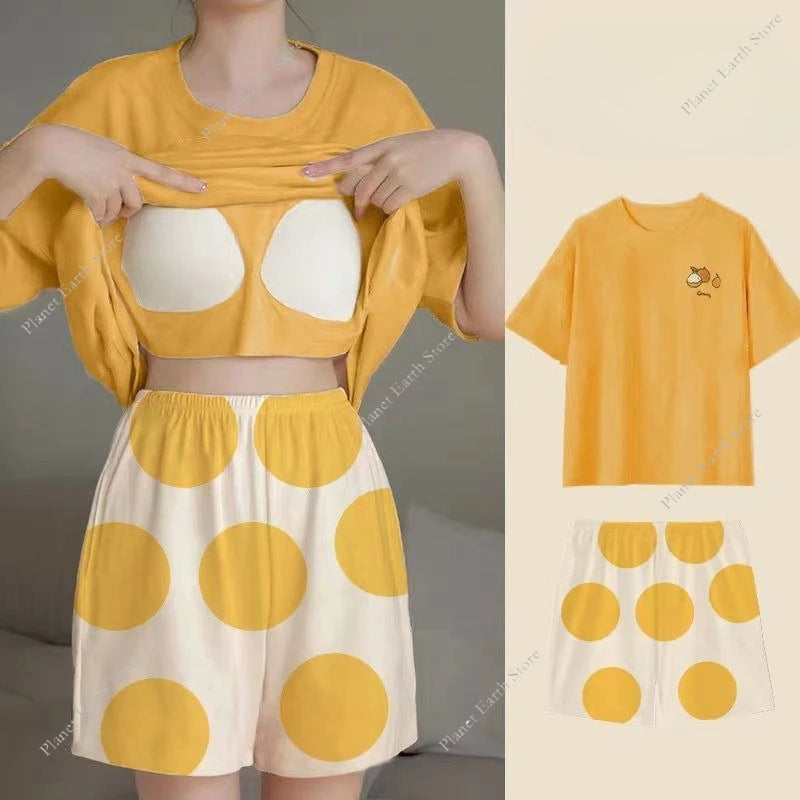 Pajama 2Pcs/Sets Short Tops and Shorts with Chest Pad