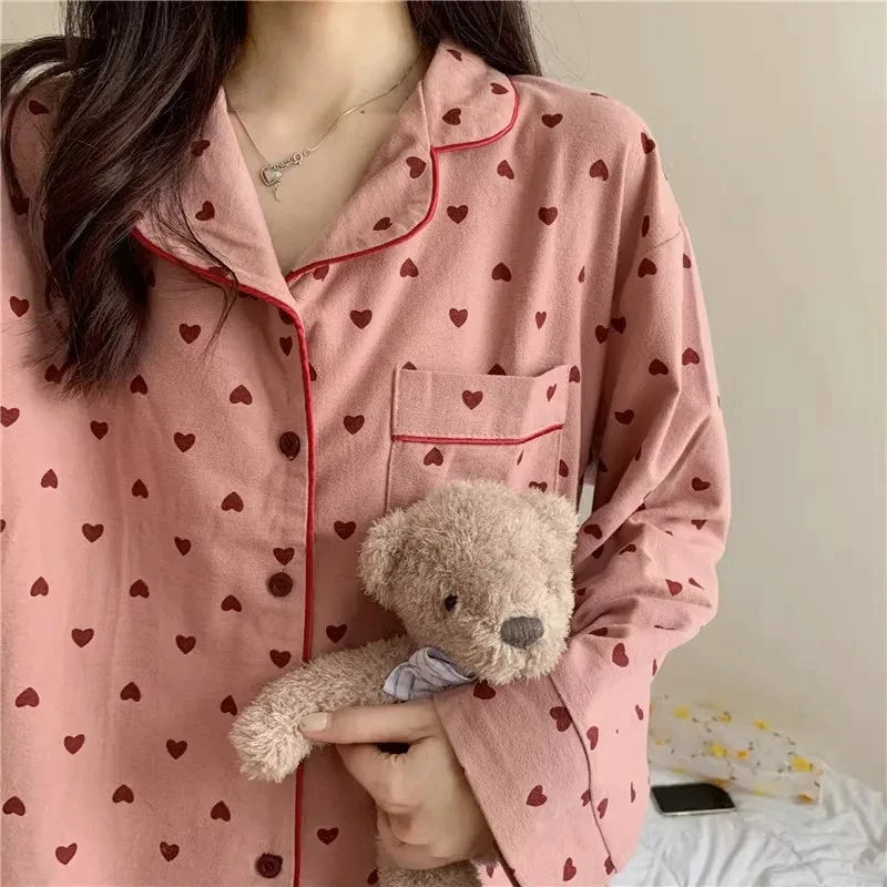 Peach Heart Long Sleeves Silk Pajamas