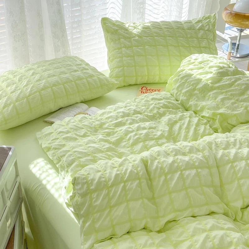 Puffy Check Bubble Fabric Set Duvet Pillowcase Bedding Sheet Quilt Cover Set