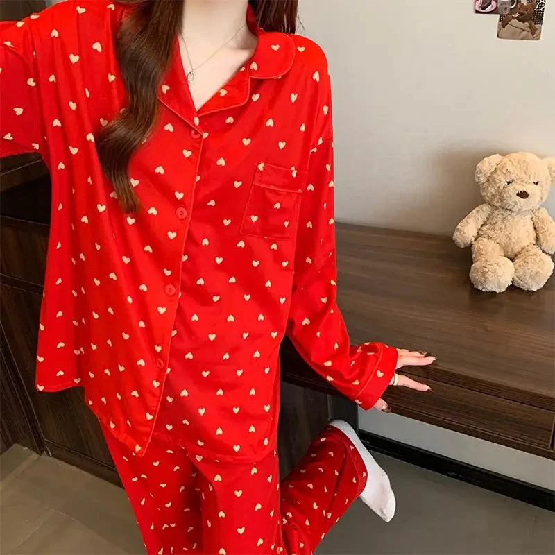 Cozy Heart Print Long Sleeve Pajama Set
