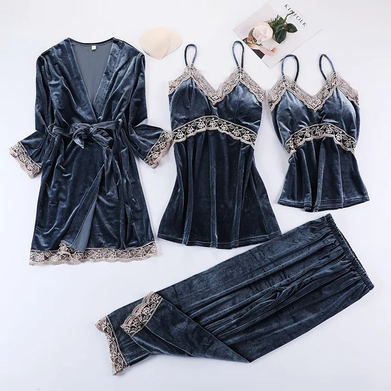 Lace Velvet 4 Pieces Women Warm Pajamas Sets With Pants Sexy Robe Sleepwear Sleeveless Nightwear