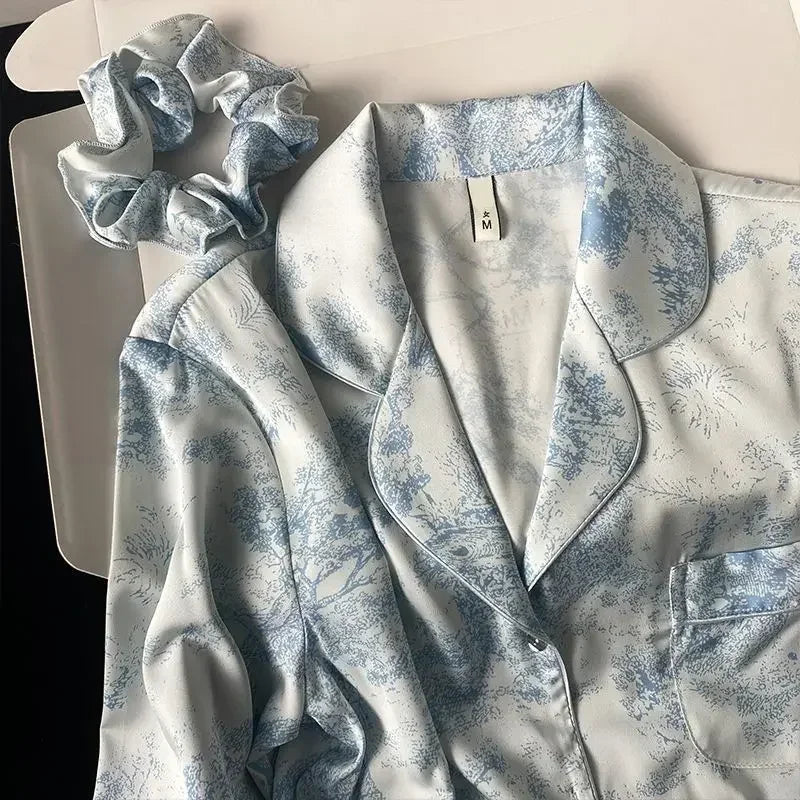 Ice Silk Women Pajama Lapel Button Cardigan Style