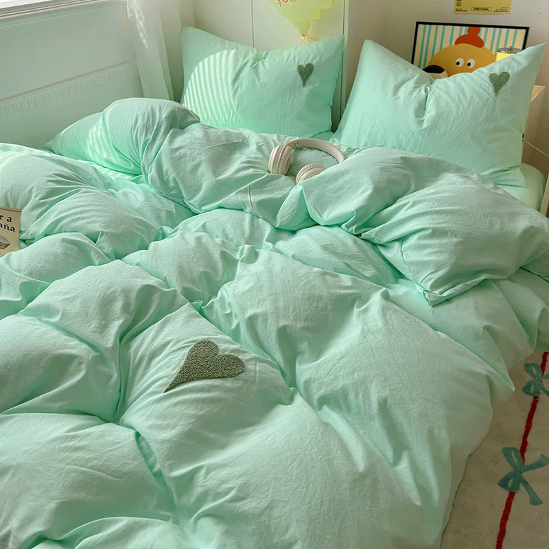 Heart Pattern Solid Color Bedding Set Soft Bed Flat Sheet Duvet Cover Set Pillowcases Simple Bed Linen