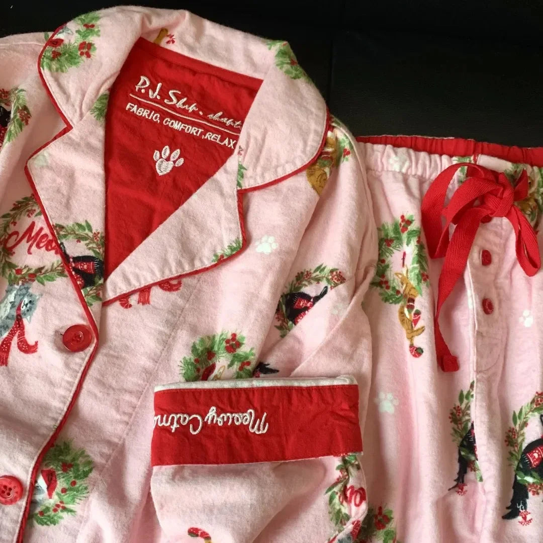 Women's Pajamas Set Cute Cartoon Print Sleepwear Top&pants Two-piece Soft Cotton Femme Nightwear