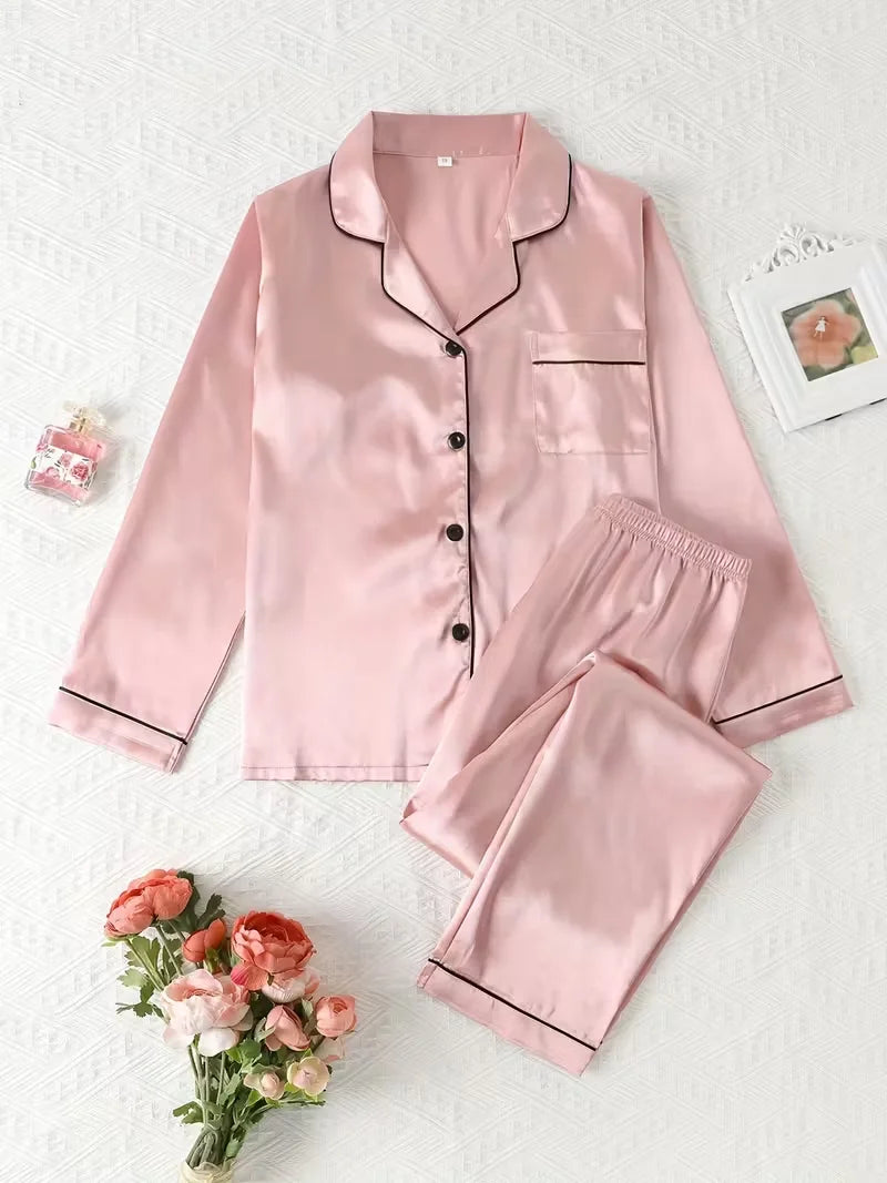 Silk Pajamas Set Casual Soft Breathable and Relaxed Fit Long Shirt Tops and Long Pants Sleepwear