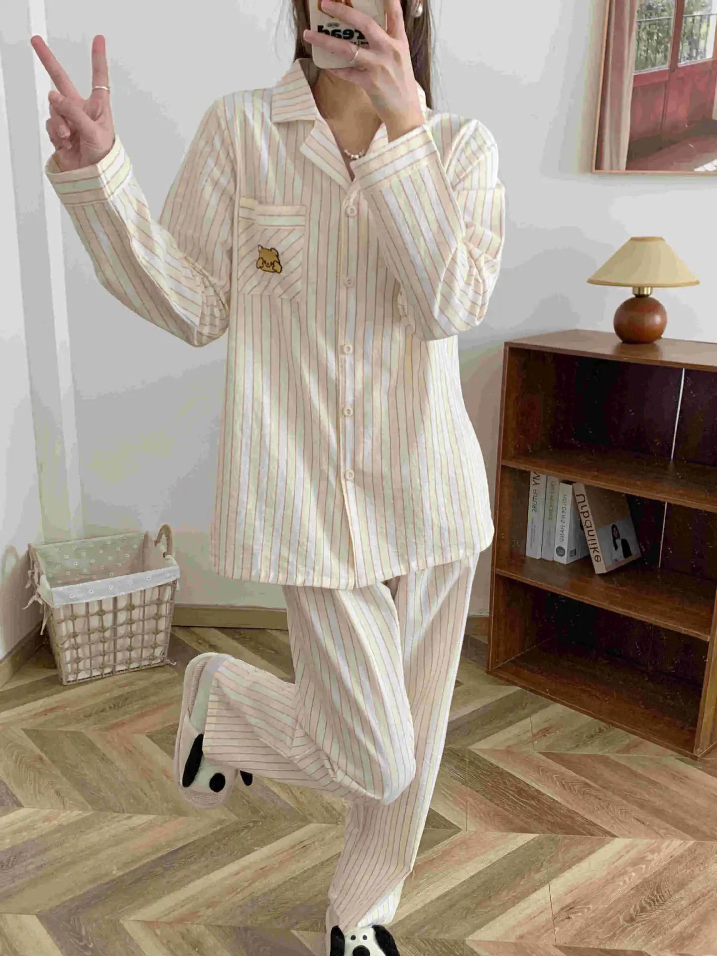 Japanese Style Women's Striped Pajama Set 100% Cotton Long Sleeve Long Pants Two Piece Set