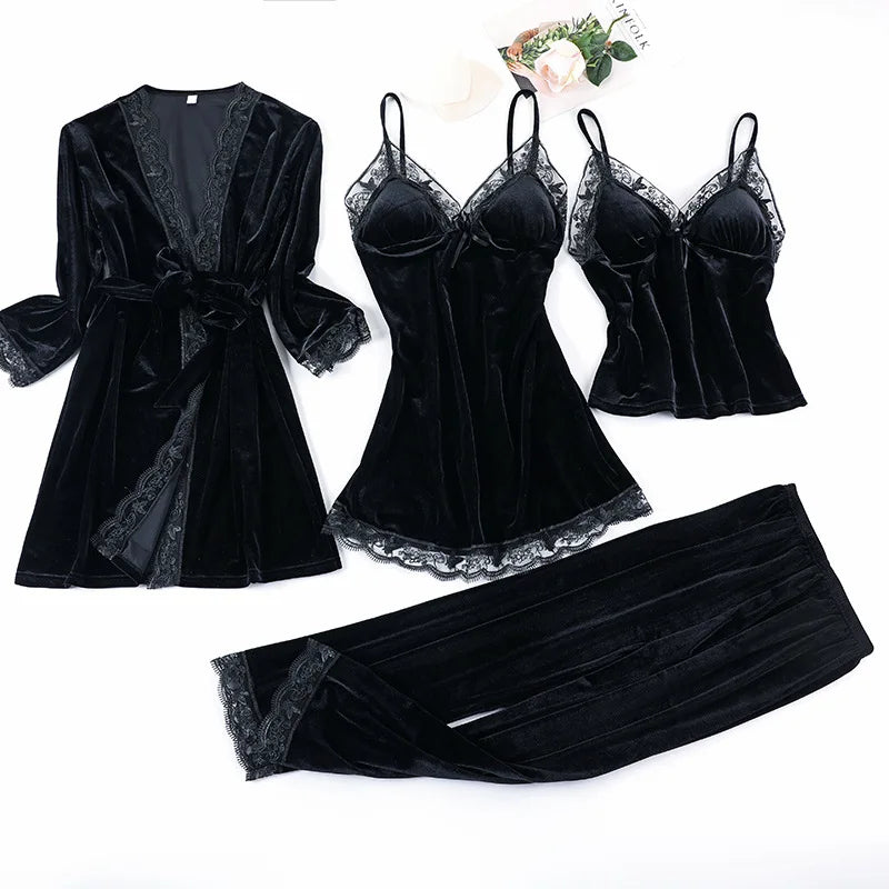 Lace Velvet 4 Pieces Women Warm Pajamas Sets With Pants Sexy Robe Sleepwear Sleeveless Nightwear