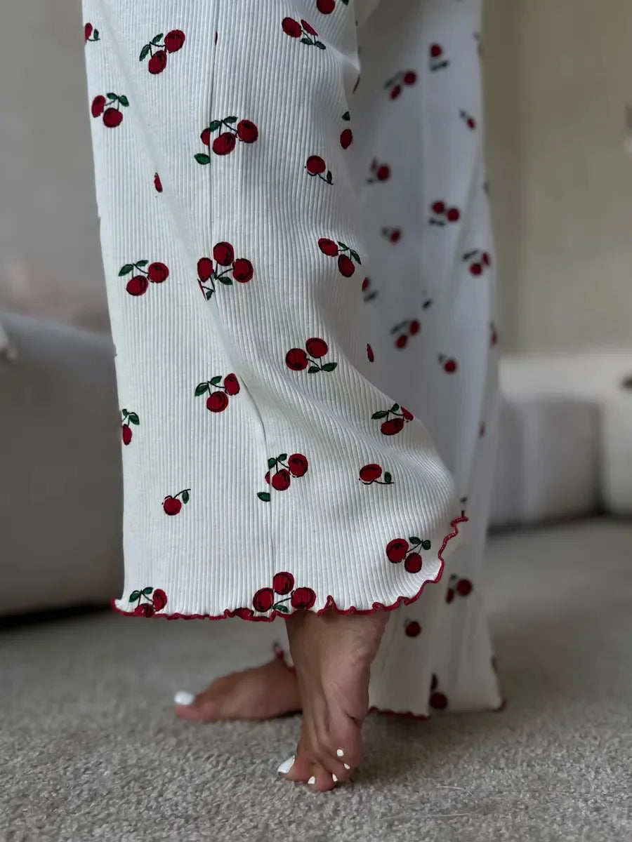 Y2K-Style Two-piece Cherry/Heart Print Cuffed-Long-Sleeve Tops and Long Trousers