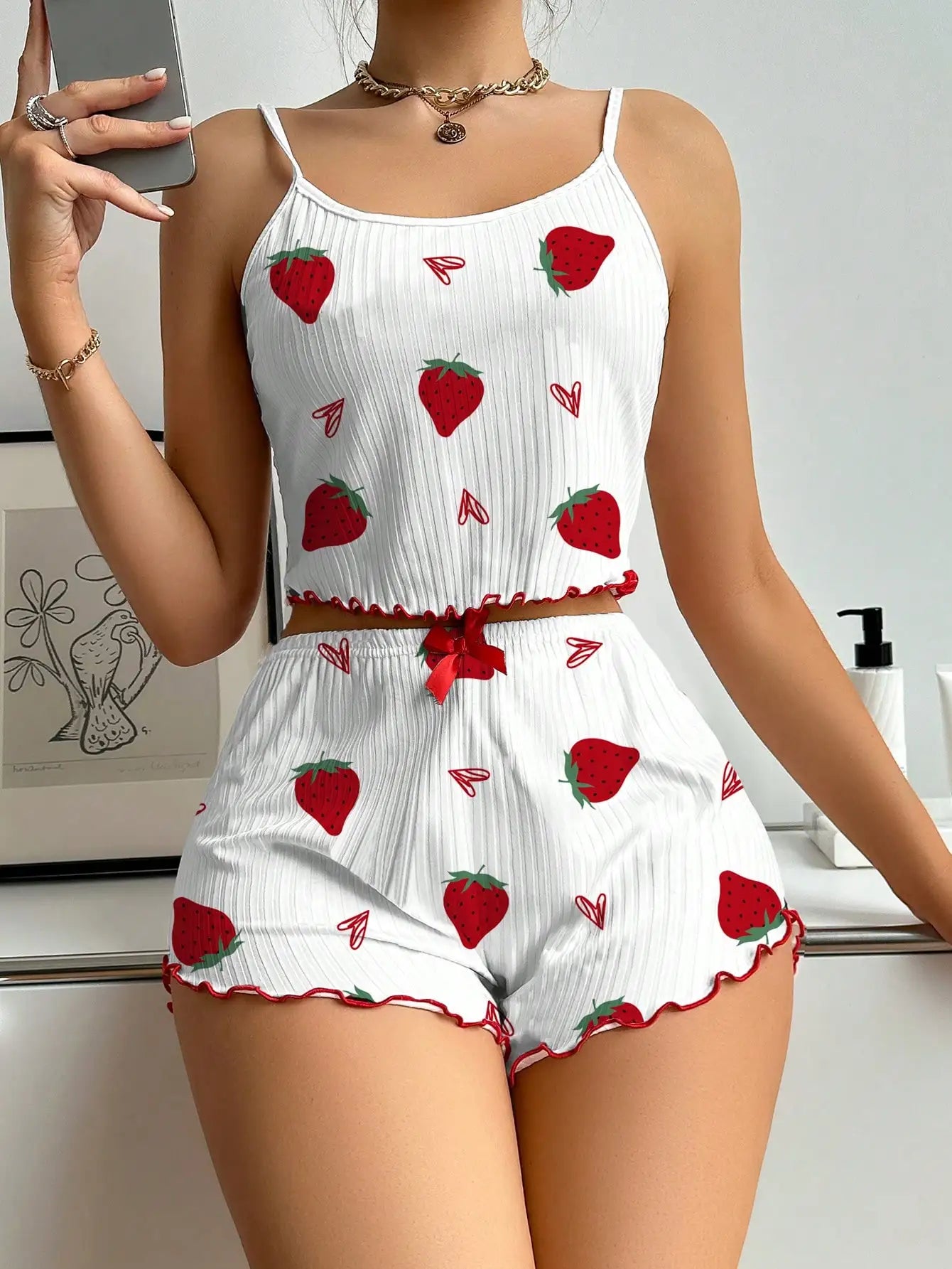 Strawberry Print Ribbed Knit Ice Silk Camisole Pajama Set