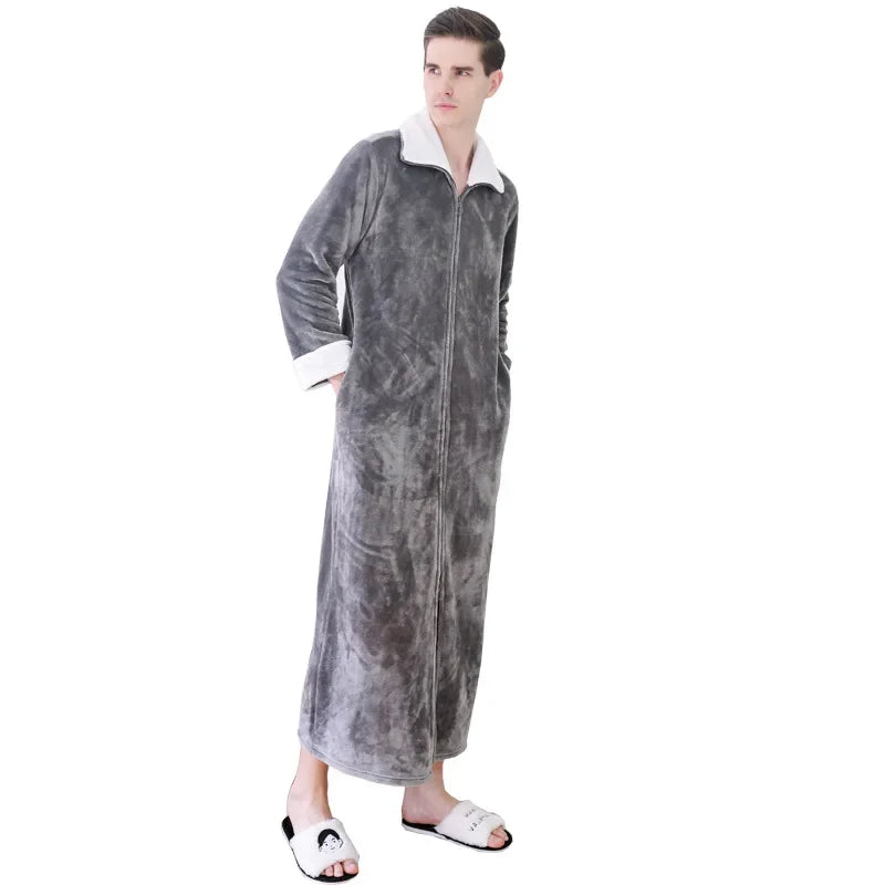 Ultra Long Thick Warm Bathrobe Thermal Flannel with Zipper