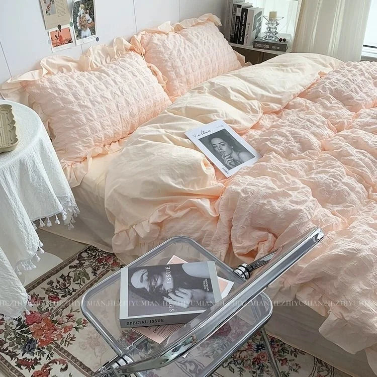 Solid Color Ruffles Lace  Kawaii Soft Sheet Duvet, Pillow & Quilt Cover