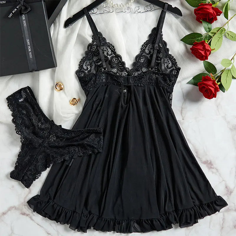 Ultra-thin Nightgown Lace Thong Sets Women's Sexy Pyjamas Lingerie