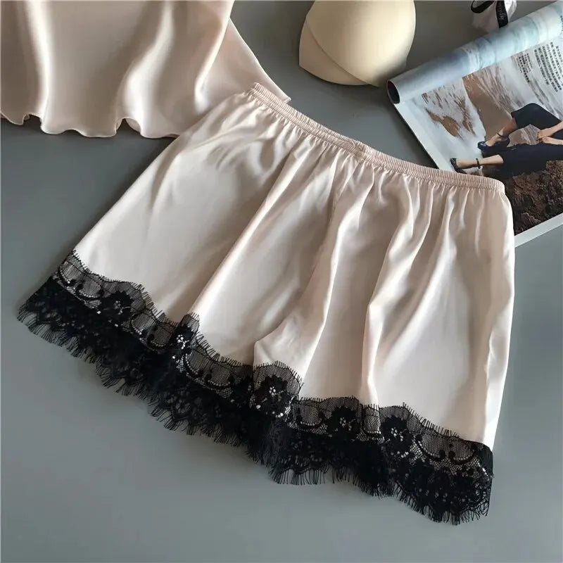 V-Neck Lace Sexy Lingerie Sleep Shorts Set