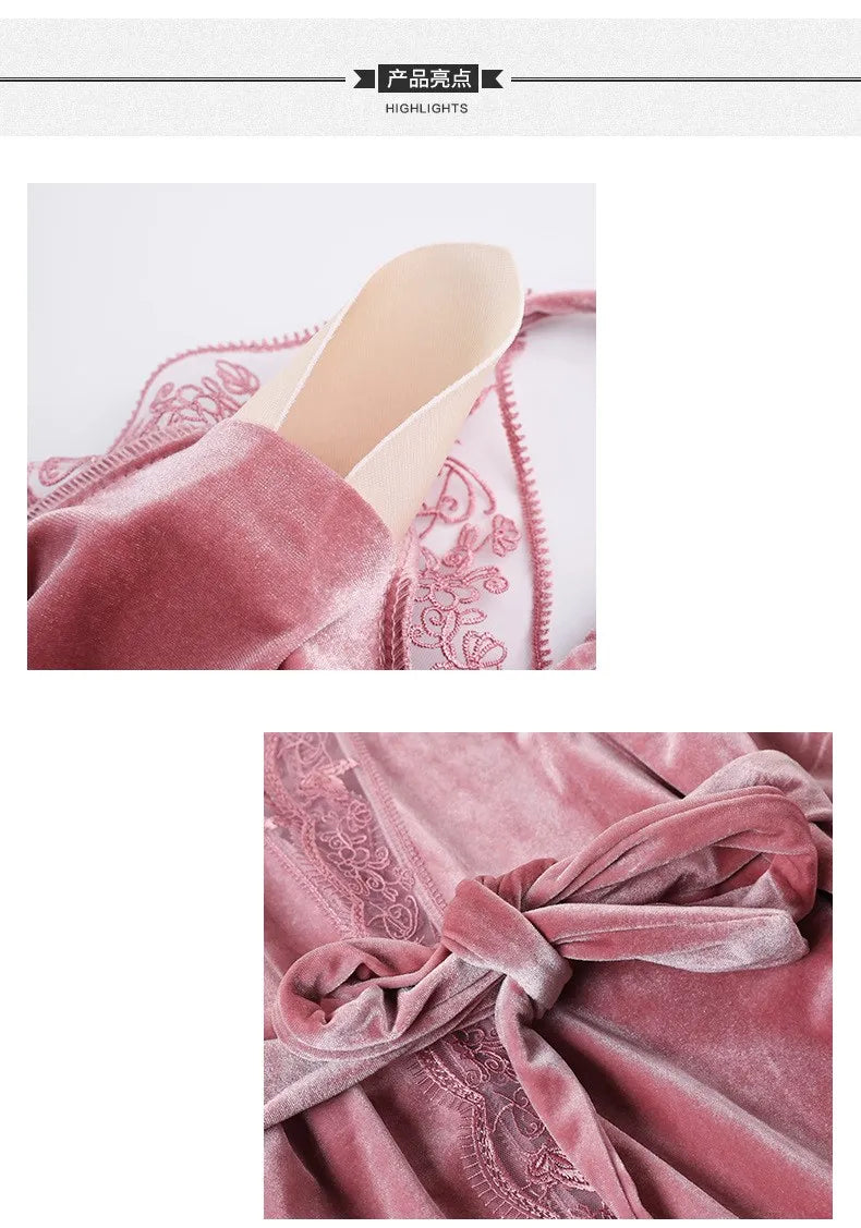 Lace Velvet 4 Pieces Women Warm Pajamas Sets With Pants Sexy Robe Sleepwear Sleeveless Nightwear