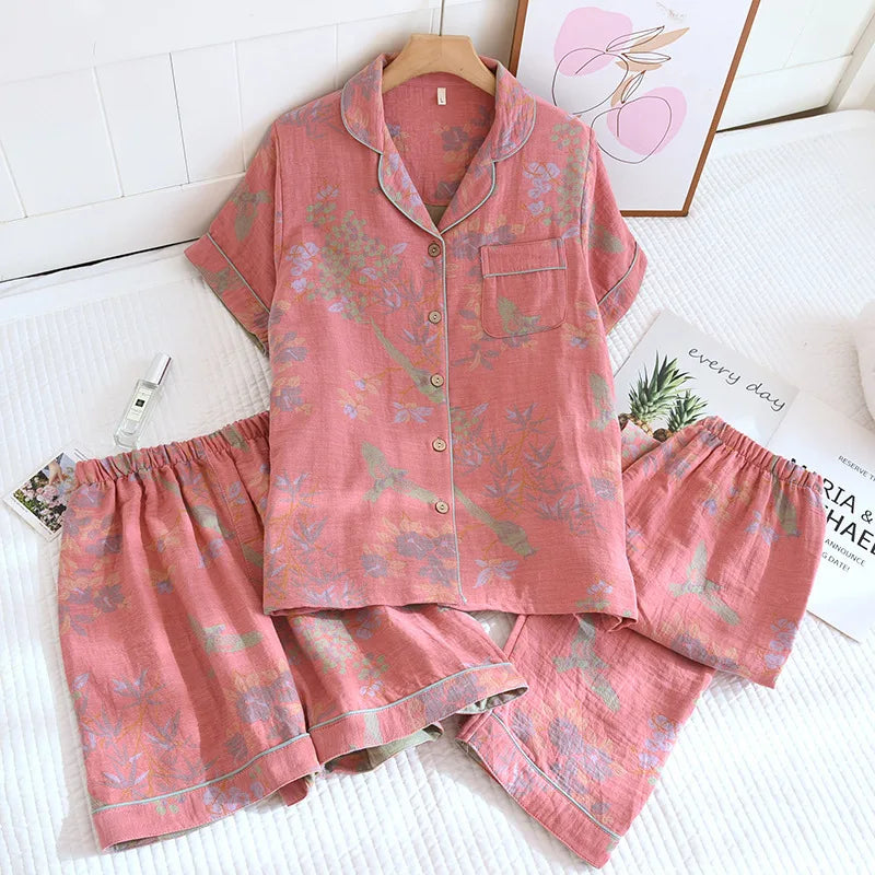 Short Sleeve Gauze Cotton Pyjamas Summer New Three-pieces Floral Nightwear