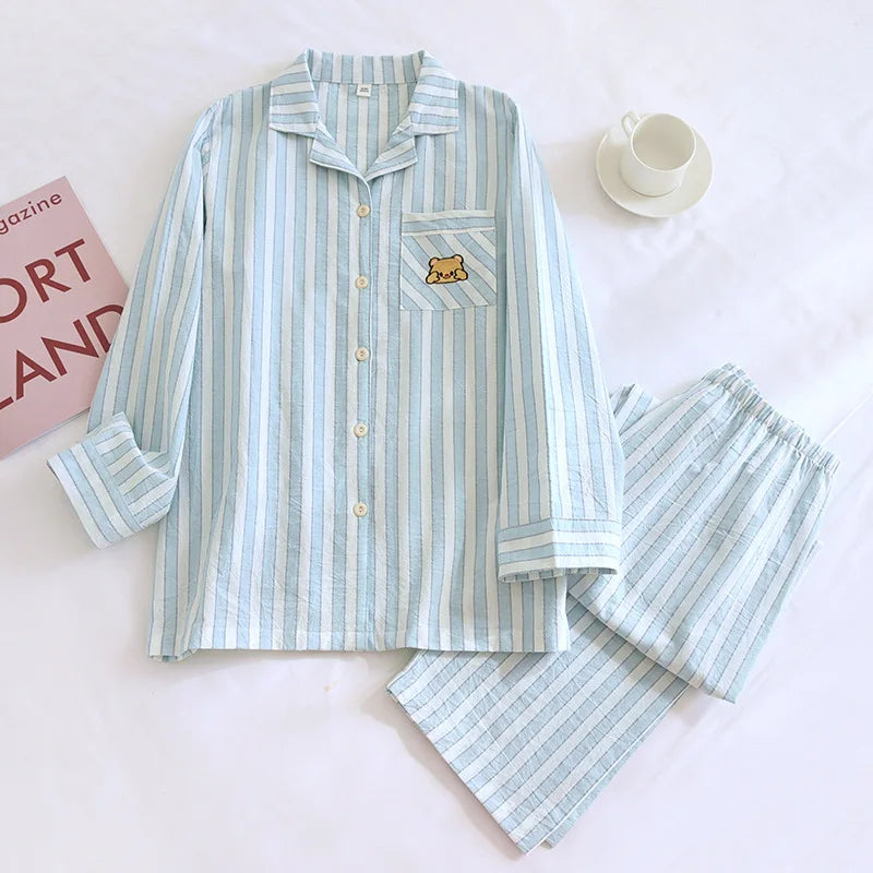 Japanese Style Women's Striped Pajama Set 100% Cotton Long Sleeve Long Pants Two Piece Set