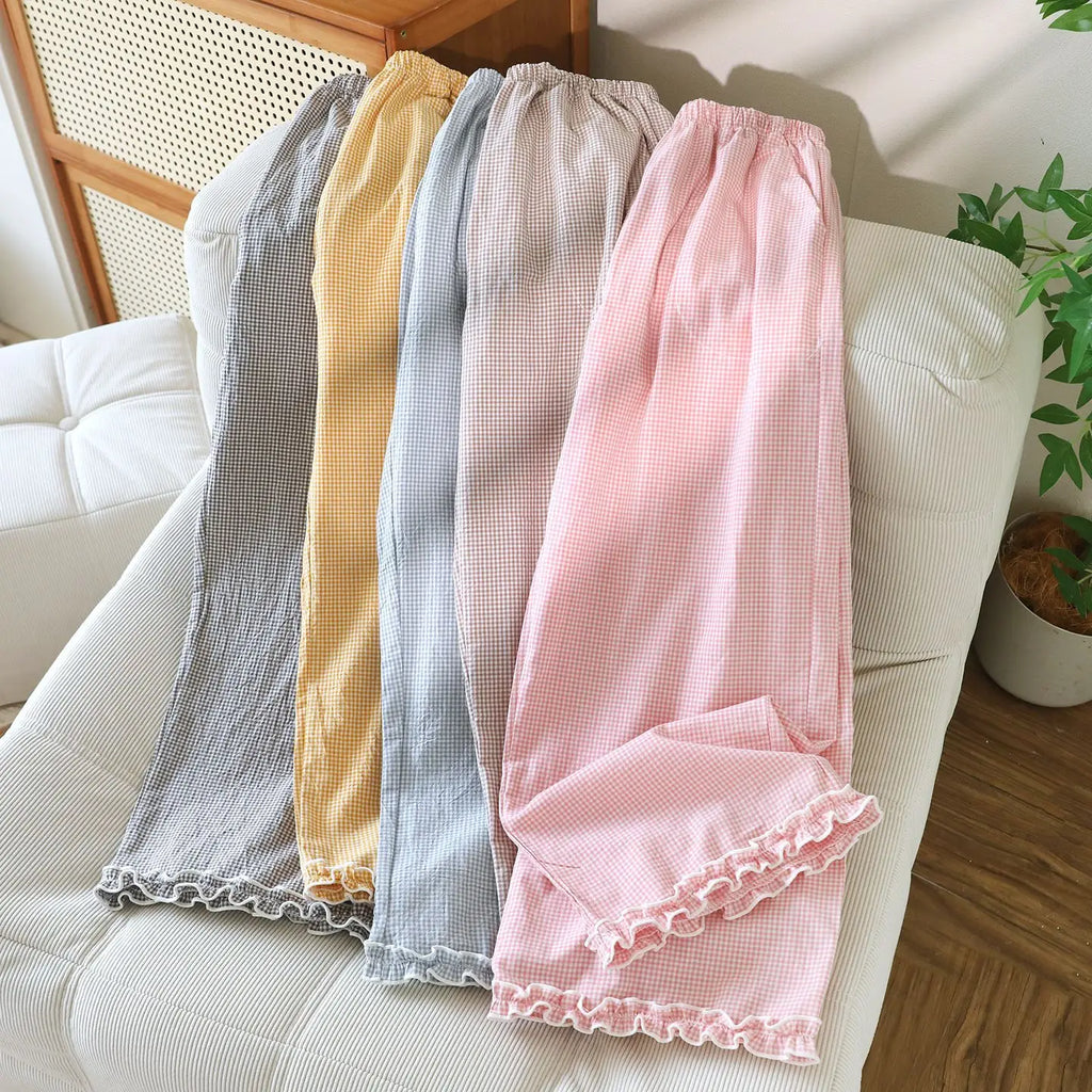 Loose Size Plaid Pajama Pants Elastic Waist Casual Homewear Women Nine-point Trousers