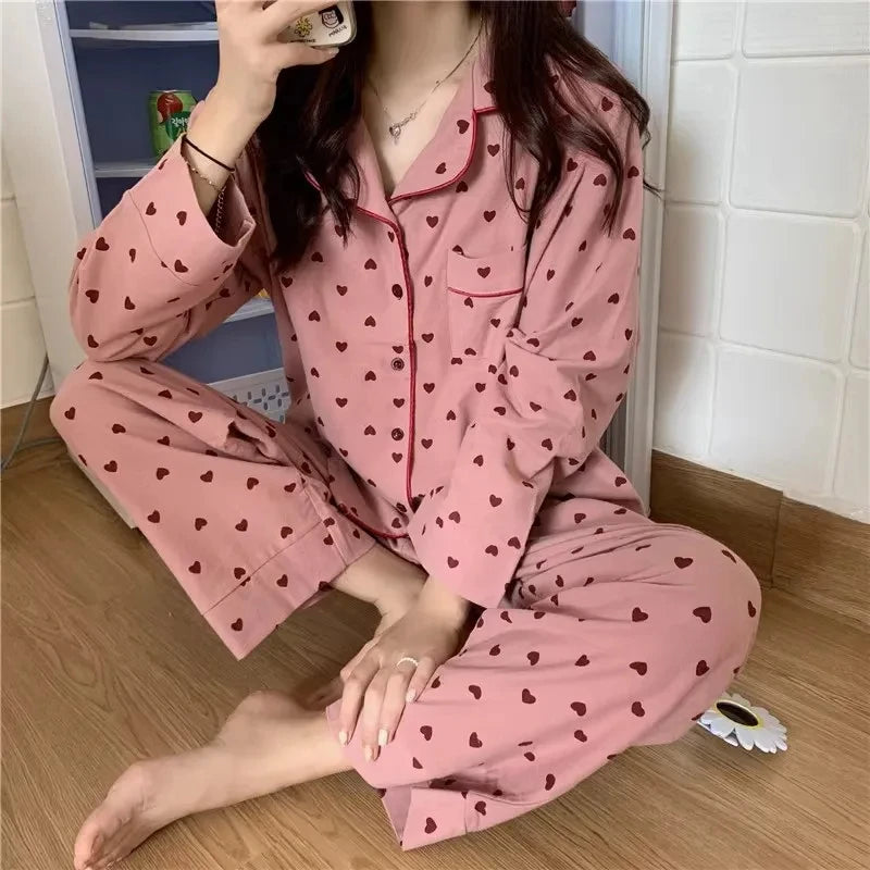 Peach Heart Long Sleeves Silk Pajamas