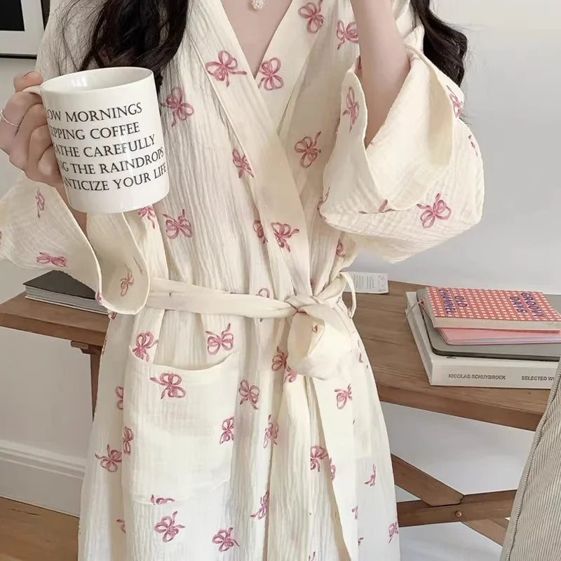 Korean-Style Pink Bow Casual Loose-Fit Loungewear Gown