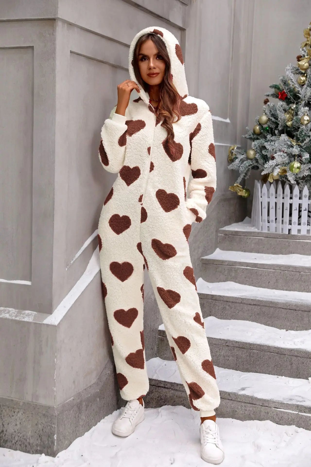 Cute Heart Print Long Sleeve Plush Sleep Jumpsuit