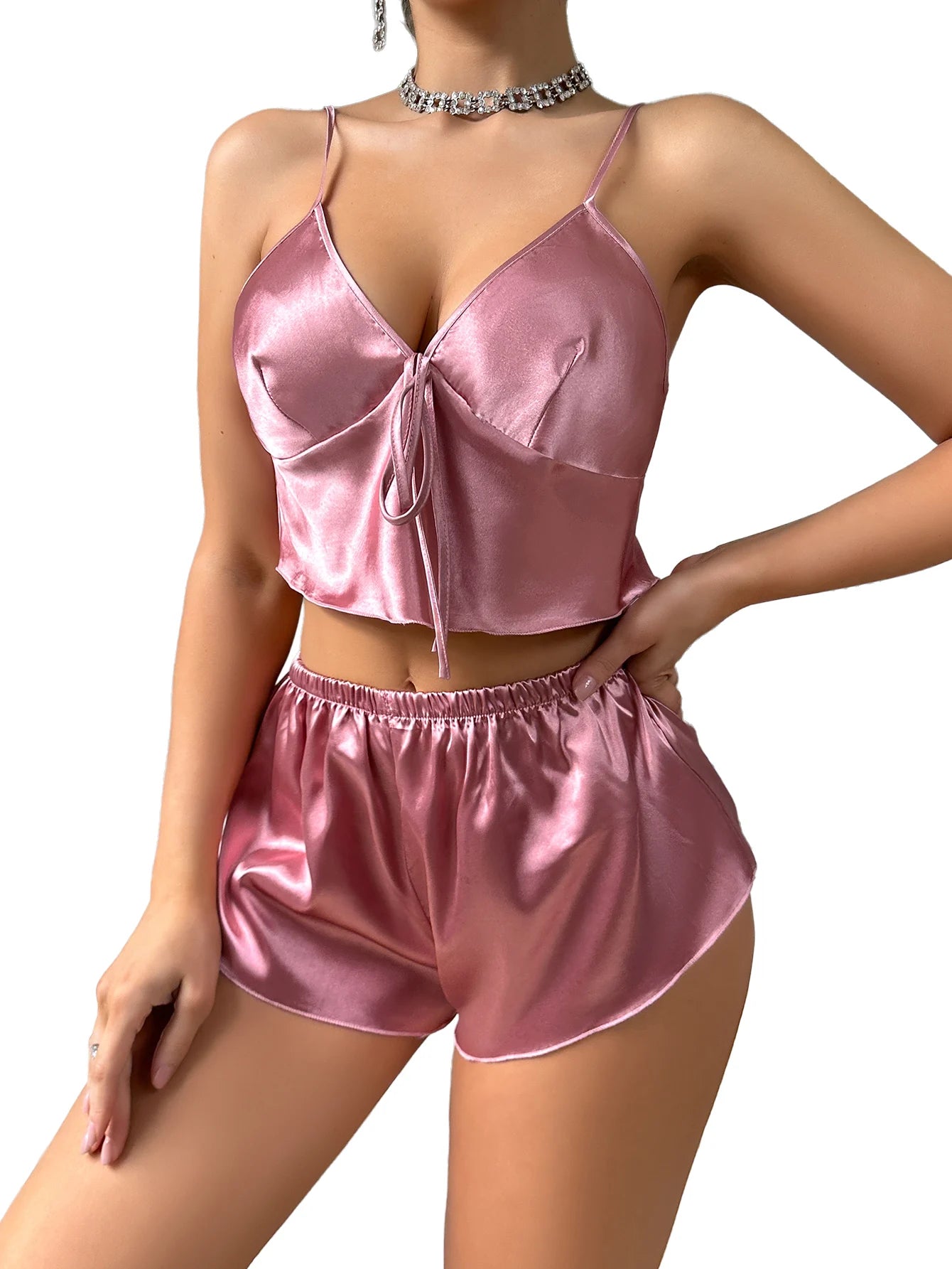 Pink V Neck Spaghetti Strap 2-Piece Elegant Sleepwear