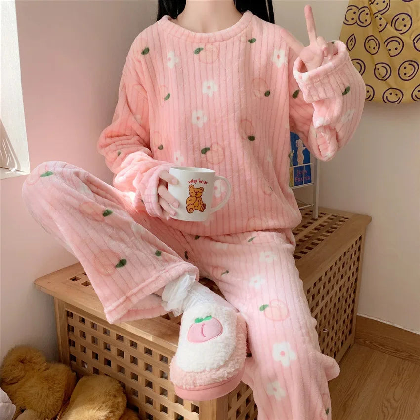 Fleece Print Warm Set Cozy Sleepwear Cute Cartoon Home Outfit Comfortable Loungewear Soft Pajamas