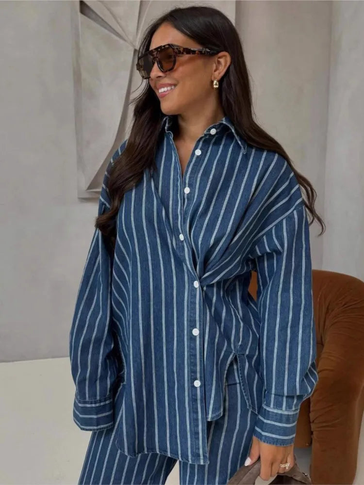 Stripe Blue Loose Long Sleeve Shirt Trousers Two Piece Set Lounge Outfit