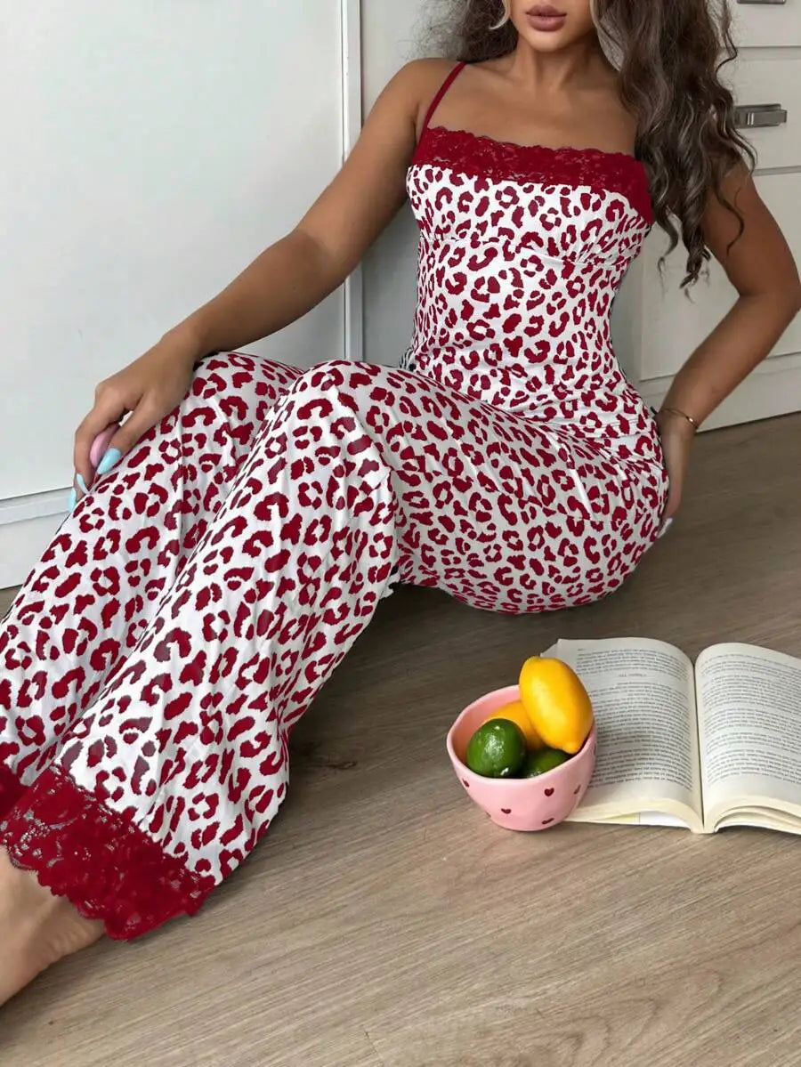 Leopard Print Lace Trim Pajama Set for Women - Silk-Like Satin Sleepwear
