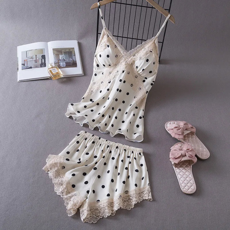 Silk Lace Sexy V-Neck 2 Pcs Set With Chest Pad Nightwear