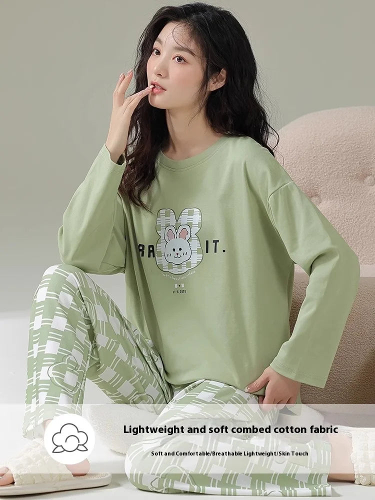Cotton High Quality Large Size Ladies Pullover Long-Sleeved Cartoon Home wear 2PCS/Set