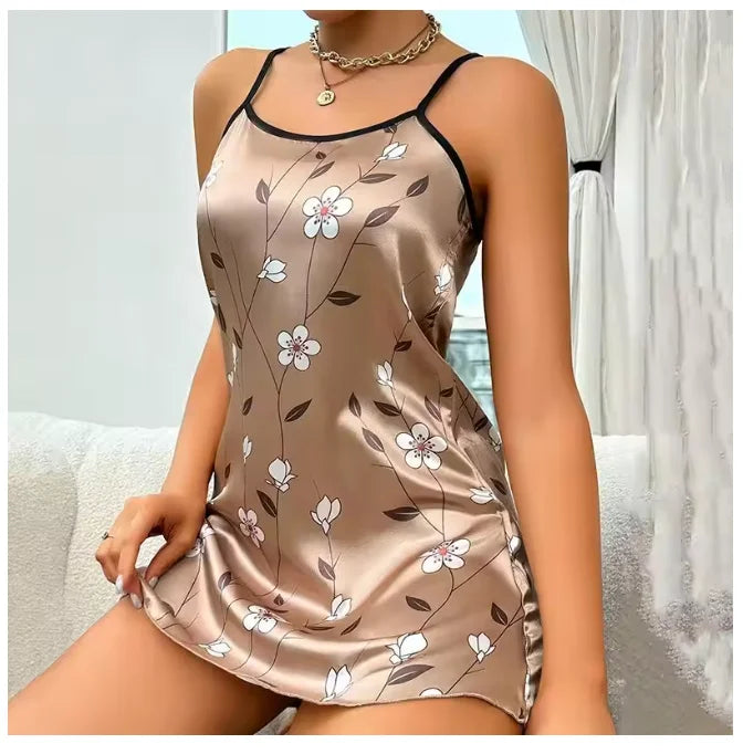 Floral Print Satin Nightgown Casual Sleeveless Backless Slip Night Dress