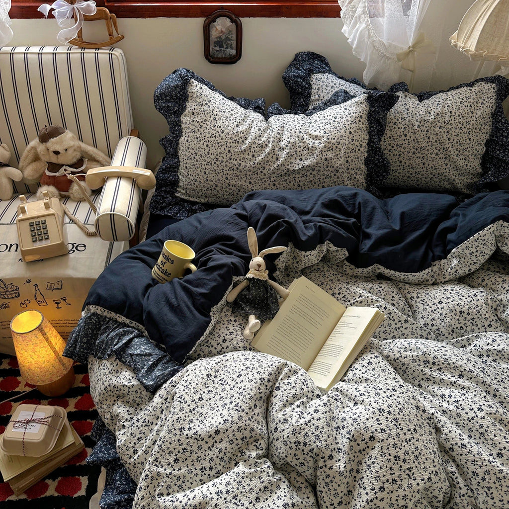 Vintage Flowers Lace Ruffles Duvet Cover Set Pillowcase For Home Bedroom Decor