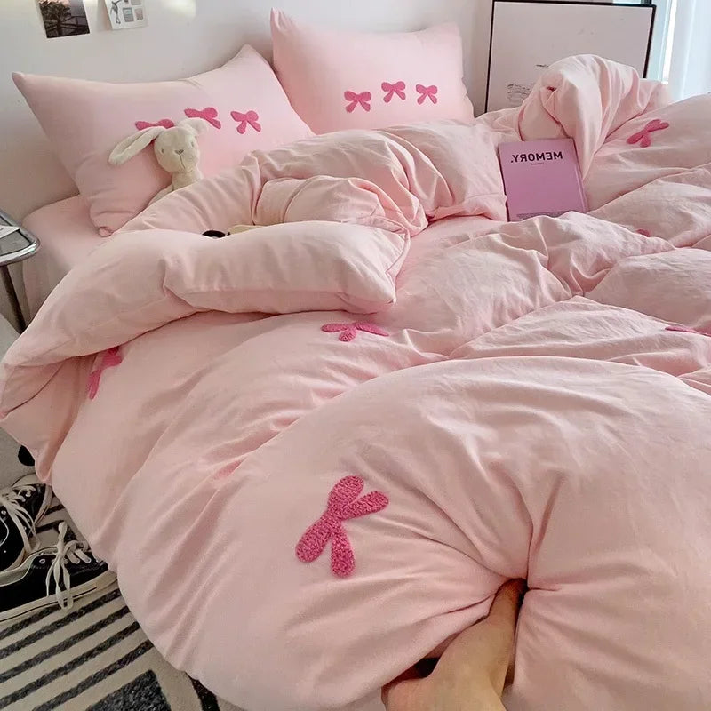 3D Embroidered Bow Quilt Set Cotton Pink Comfortable Soft Bedding