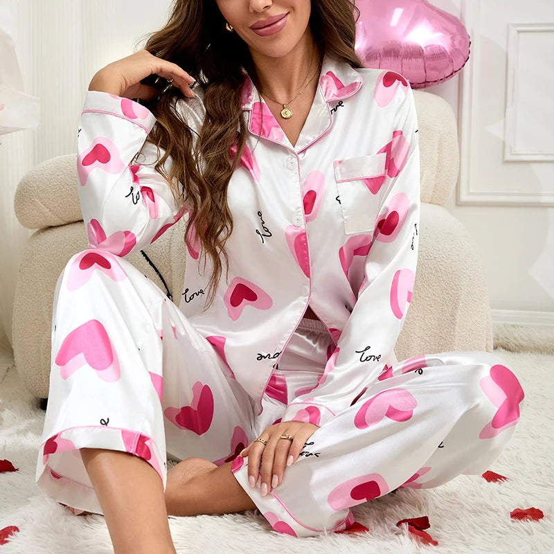 Cute Printed Long Sleeve Button-Down Shirt Tops & Long Pants Sleepwear