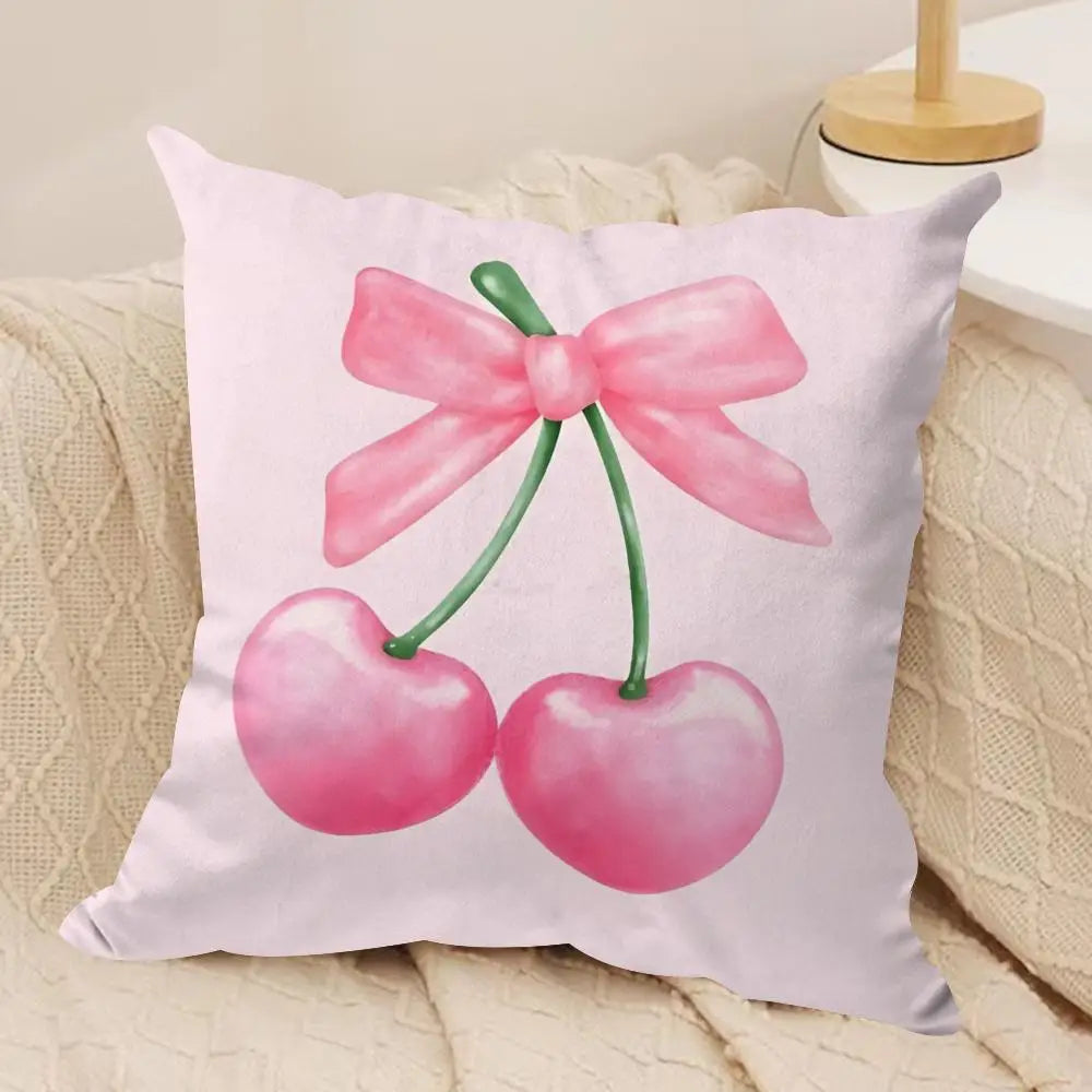 Pink Bow Cherry Cushion Cover Soft Plush Fabric Double-Sided