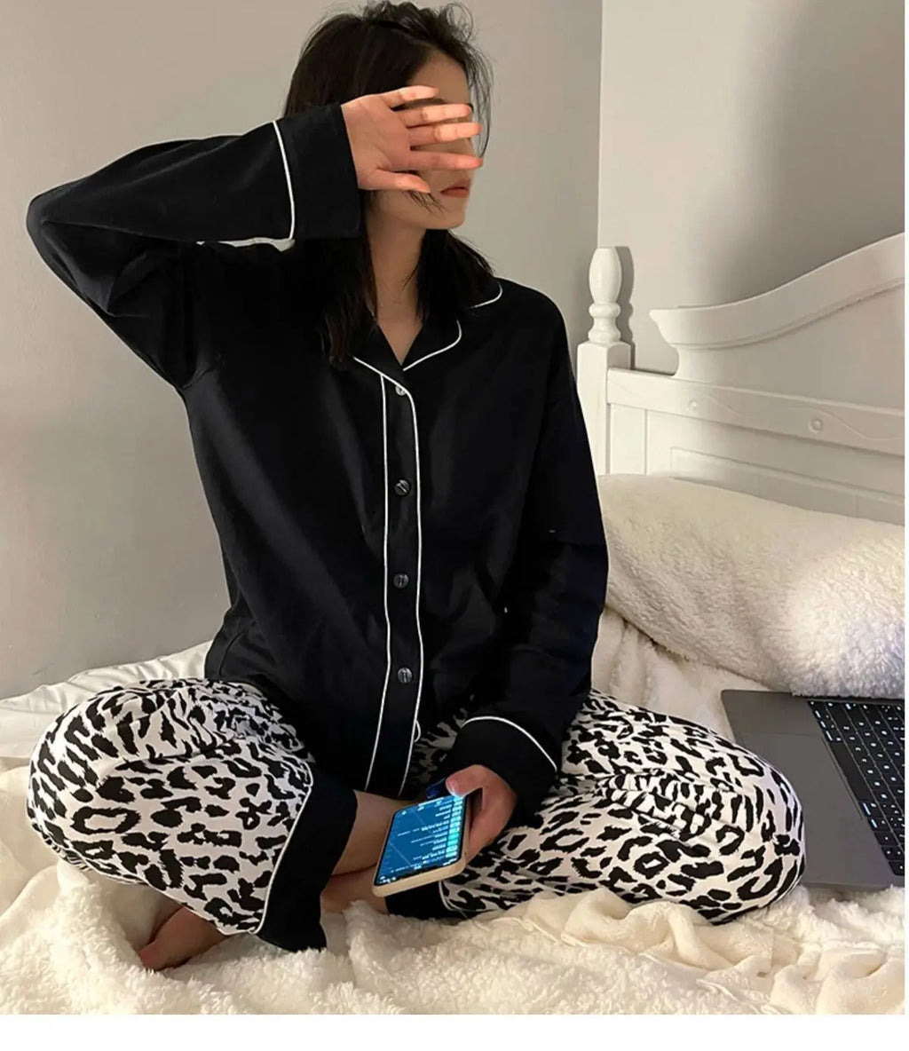 Ladies Black Leopard Cardigan Set