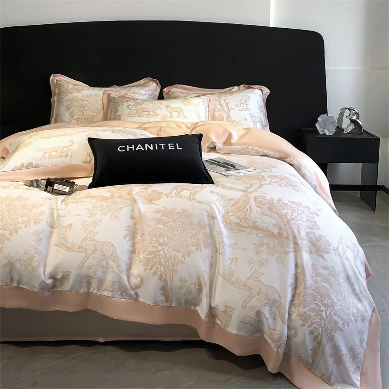 Soft Silky Skin-friendly Natural Eucalyptus Fiber Lyocell Bedding Set Forest Plants Leopard Duvet Cover Set Bed Sheet Pillowcases