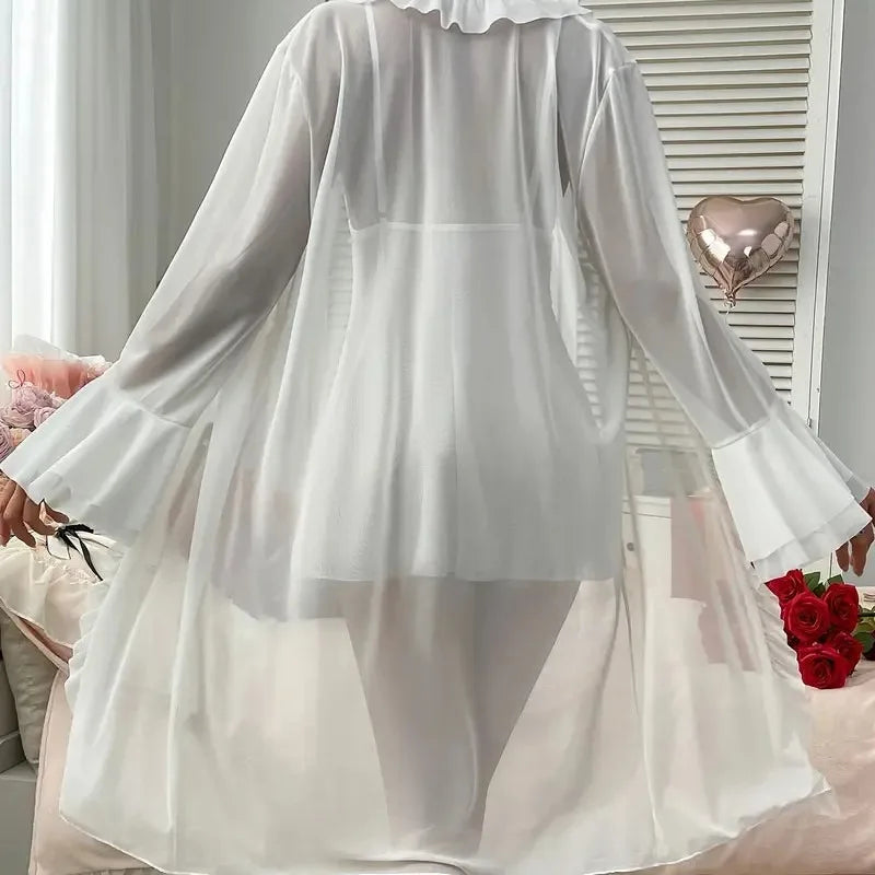Sexy Lingerie with Suspenders Sheer Transparent Nightgown and Lace Trim