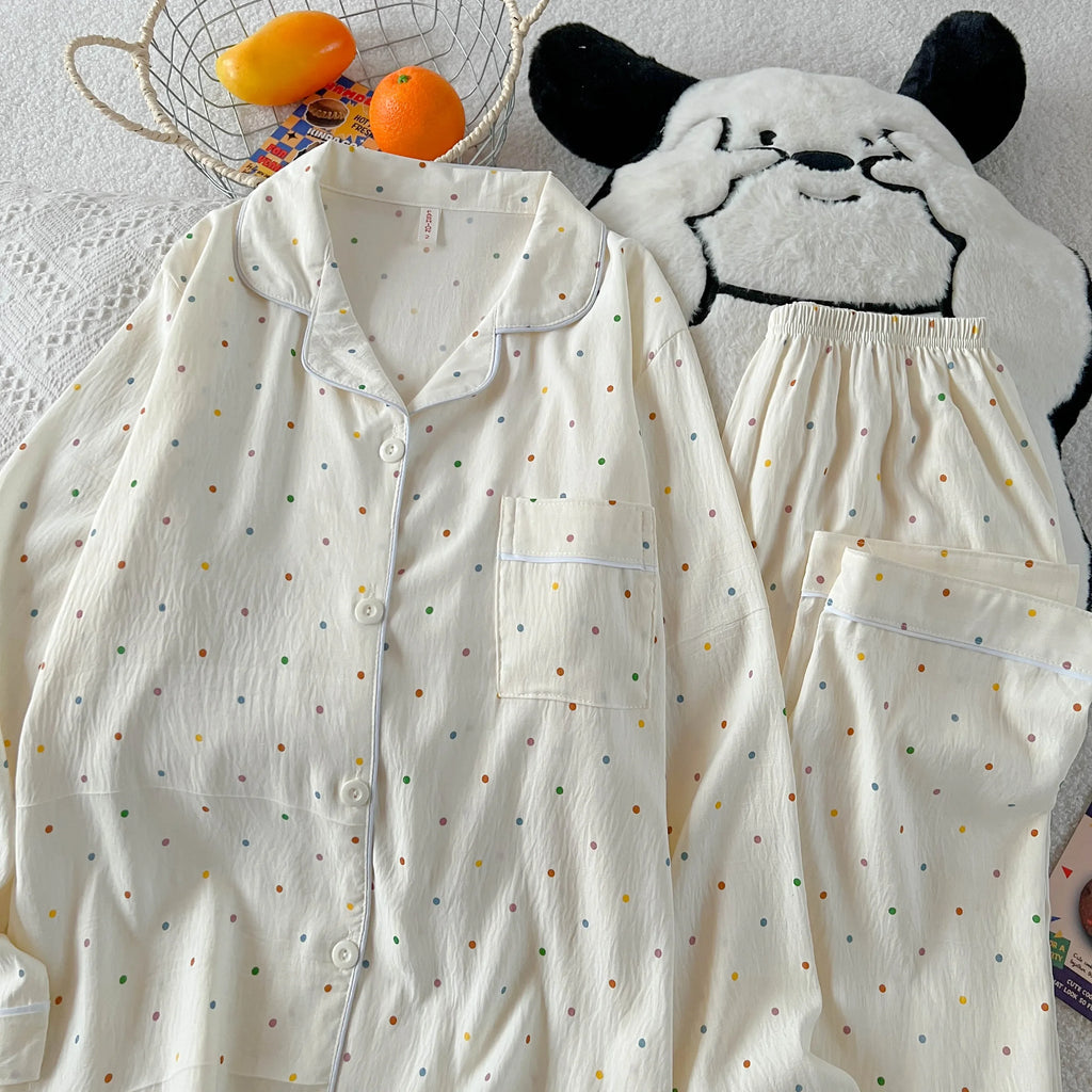 Polka Dot Print Women Pajamas Long 2 Piece Set