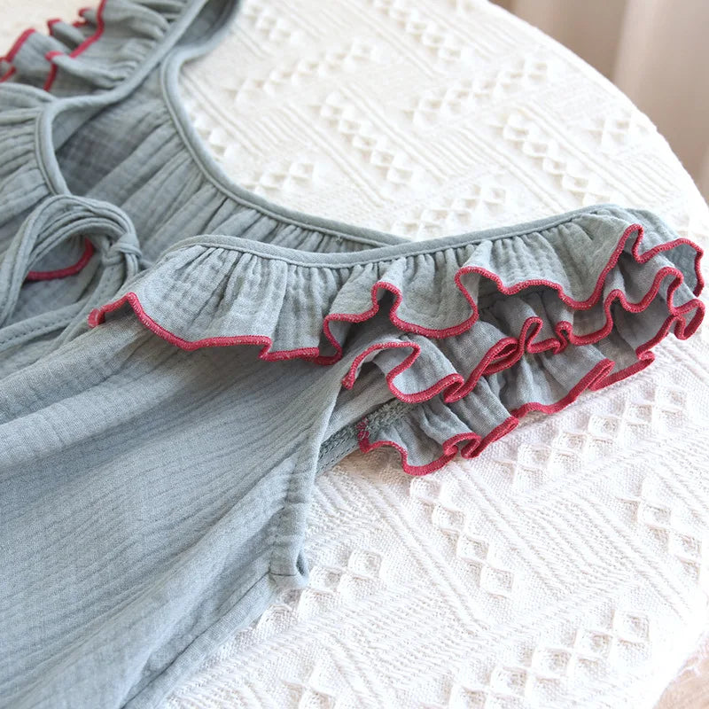 Ruffle Edge Sleeveless Camisole Women's Nightgown Double-layer Gauze Long Style Night Dress