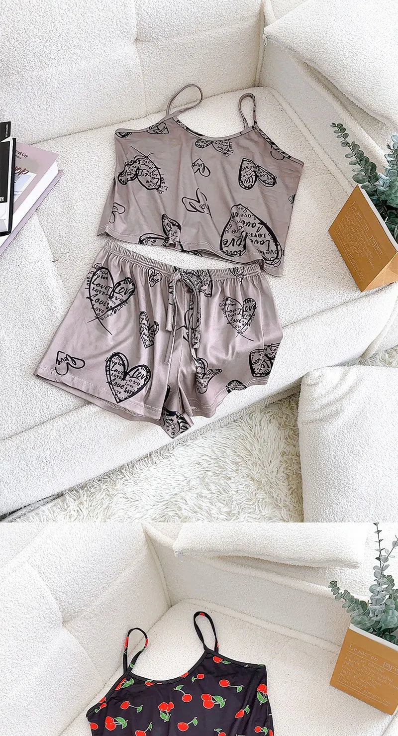 Sexy Print Camisole Sleeveless Crop Top and Shorts Soft Comfy Sleepwear