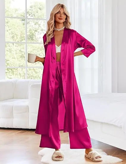 Satin Robe Belted Elegant Solid Color Silky Comfort Bathrobe Loungewear