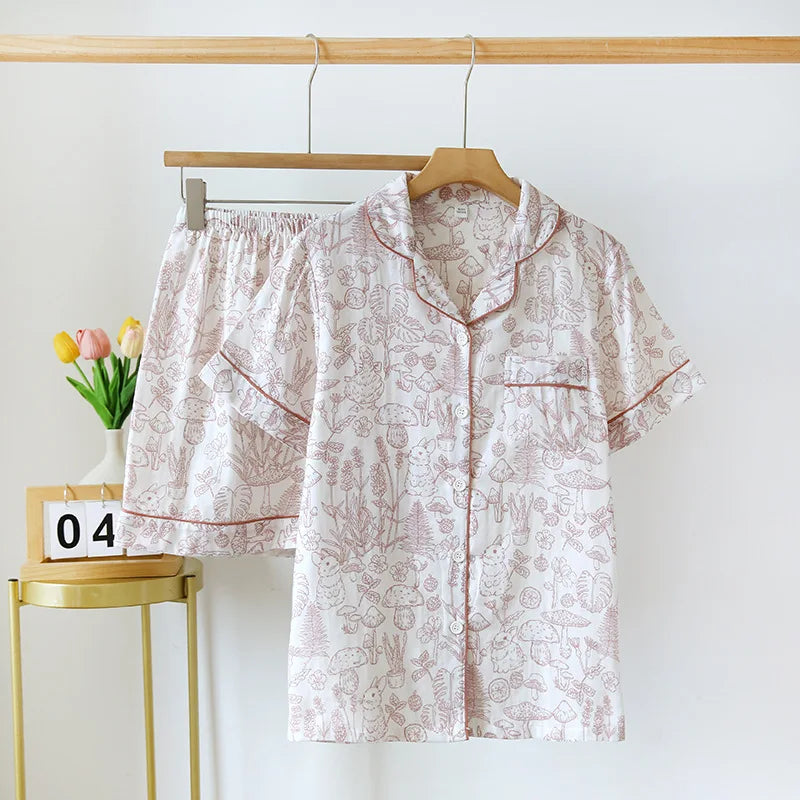 Double Layer Gauze Breathable Cotton Fashion Print Short Sleeved Soft Thin Two-piece Pajama Set