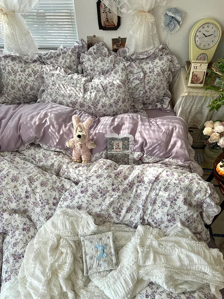 Princess Style Floral Ruffles Bedding Set Skin-friendly Soft Duvet Cover Set Bed Sheet Or Bed Skirt Pillowcases