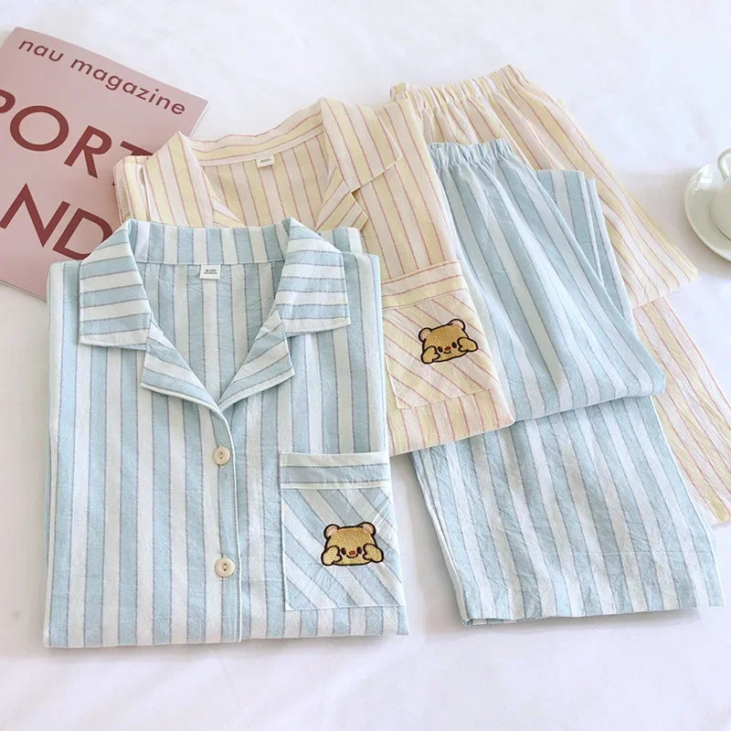 Japanese Style Women's Striped Pajama Set 100% Cotton Long Sleeve Long Pants Two Piece Set