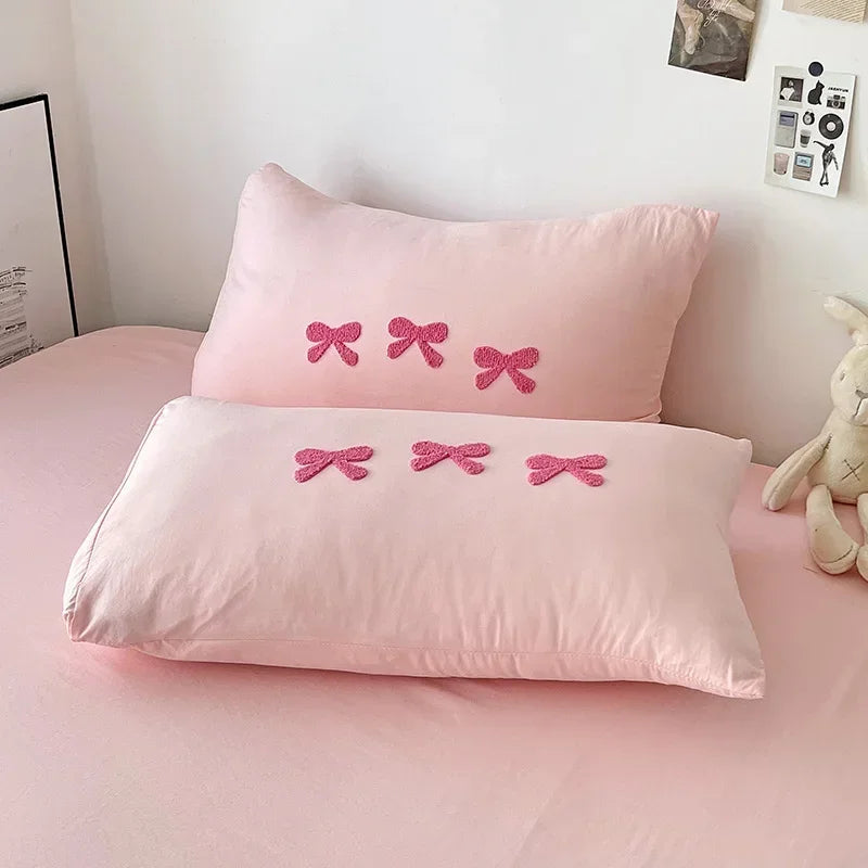 3D Embroidered Bow Quilt Set Cotton Pink Comfortable Soft Bedding