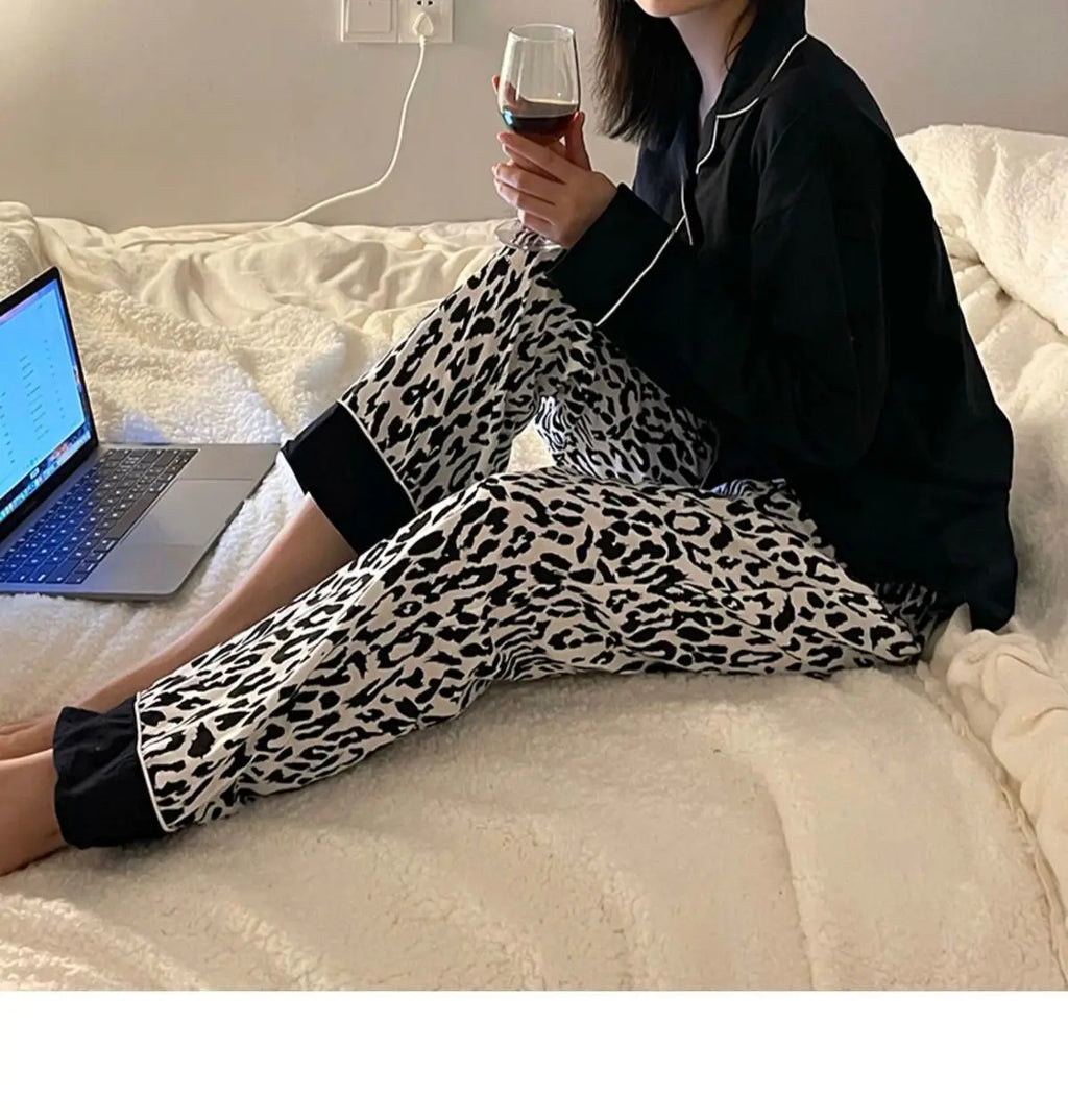 Ladies Black Leopard Cardigan Set