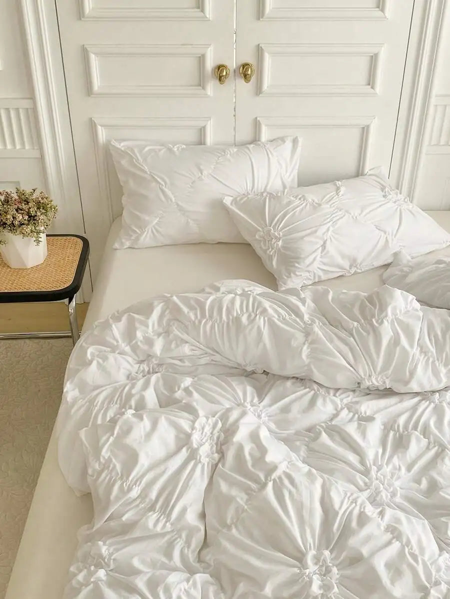 Ruched Flower Design Duvet Cover Set with Pillowcases Polyester Bedding for All Seasons