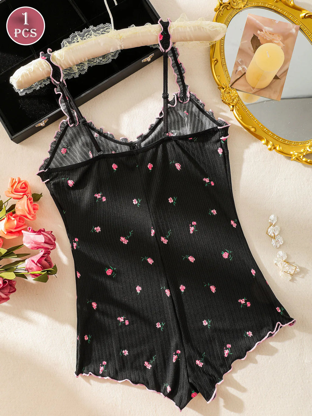 Cute Black Embroidered Rose One-piece Sleeveless Pajama Jumpsuit